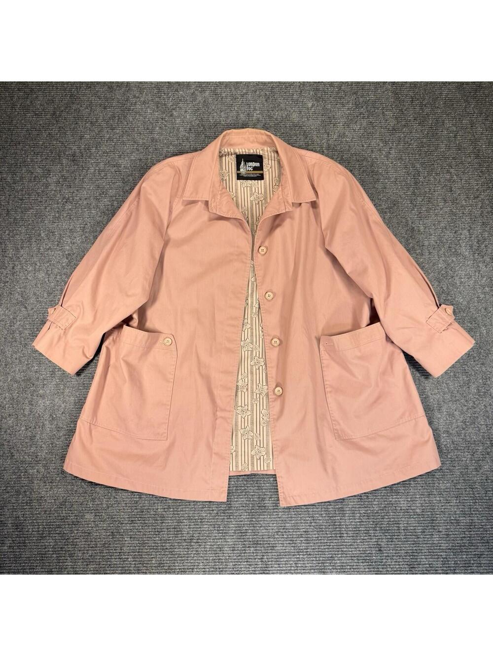 London Fog Trench Coat Women's Large Pink Salmon Belted Double Breasted 24W VTG